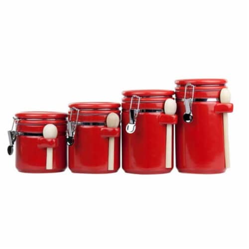 Home Basics 4 Piece Ceramic Canister Set with Wooden Spoons, Red, Each -  Fry's Food Stores