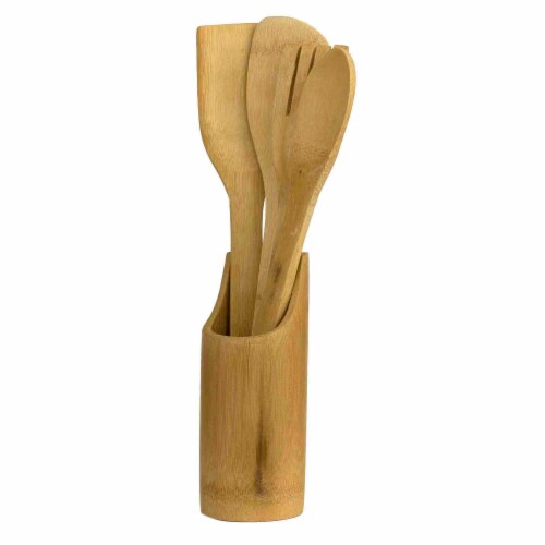 5-Piece Natural Bamboo Utensil Set with Sculptural Holder 5-Piece Natural Bamboo Utensil Set with Sculptural Holder