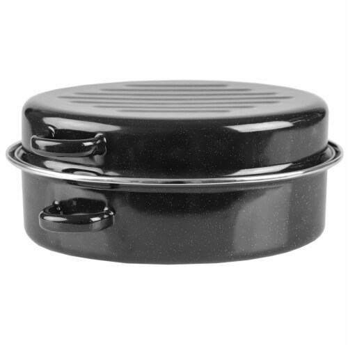 Home Basics Deep Oval Natural Non-Stick 12” Enameled Carbon Steel Roaster Pan with Lid, Black Perspective: front