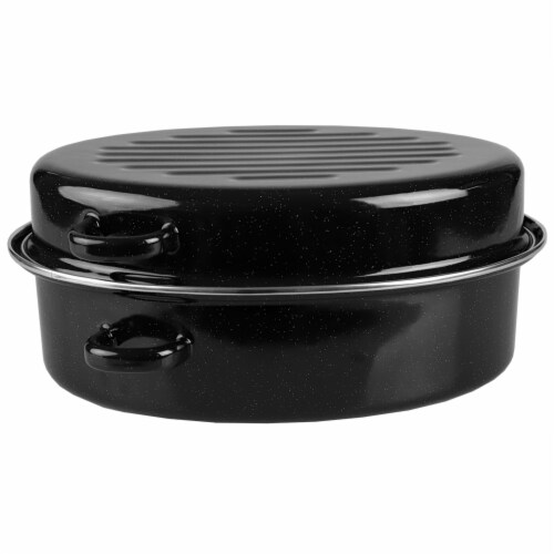 Home Basics Deep Oval Natural Non-Stick 14” Enameled Carbon Steel Roaster Pan with Lid, Black Perspective: front