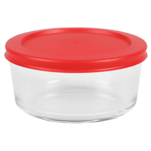 Home Basics Round 16 oz. Borosilicate Glass Food Storage Container with Red Lid Perspective: front