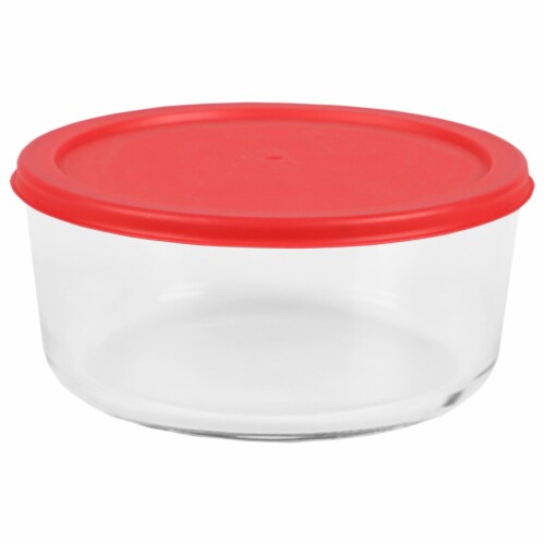 Home Basics Round 55 oz. Borosilicate Glass Food Storage Container with Red Lid Perspective: front