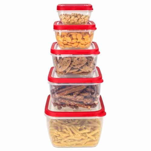 Home Basics 5 Piece Spill-Proof Square Plastic Food Storage Container, Red Perspective: front