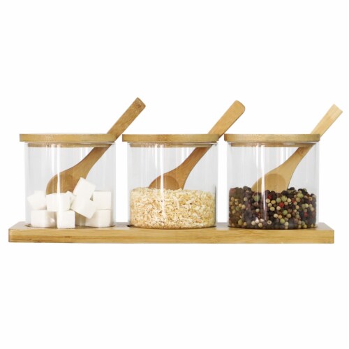 Home Basics 3 Piece Glass Cruet Set with Bamboo Base and Spoons, Each ...