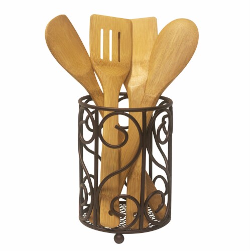 Scroll Collection Black Steel Cutlery Holder with Mesh Bottom and Non-Skid Feet Scroll Collection Black Steel Cutlery Holder with Mesh Bottom and Non-Skid Feet