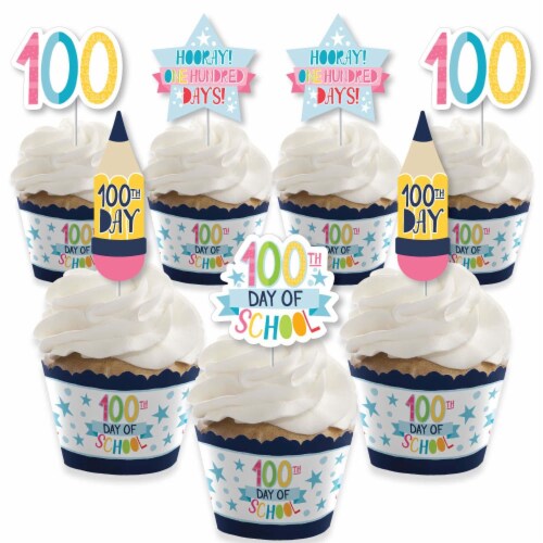 Big Dot of Happiness Happy 100th Day of School Decor Cupcake Wrappers & Treat Picks Kit 24 Ct Perspective: front