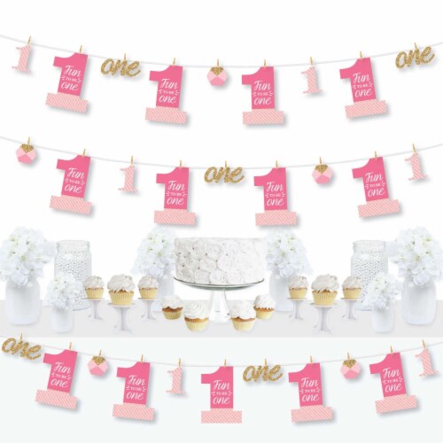 Big Dot of Happiness 1st Birthday Girl Fun to be One Decor Clothespin Garland Banner 44 Pc Perspective: front
