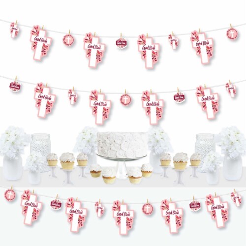 Big Dot of Happiness Pink Elegant Cross Girl Religious Decor Clothespin Garland Banner 44 Pc Perspective: front
