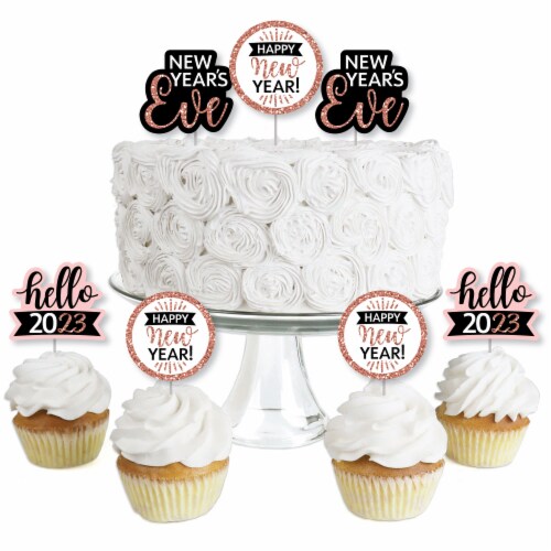 Big Dot of Happiness Rose Gold Happy New Year - Cupcake Toppers 2023 Clear Treat Picks 24 Ct Perspective: front