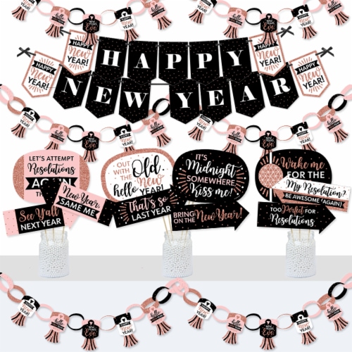 Big Dot of Happiness Rose Gold Happy New Year Decor Party Supplies Kit Doterrific Bundle Perspective: front