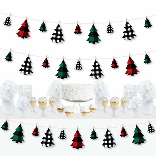 Big Dot of Happiness Holiday Plaid Trees Christmas Party Clothespin Garland Banner 44 Pc Perspective: front