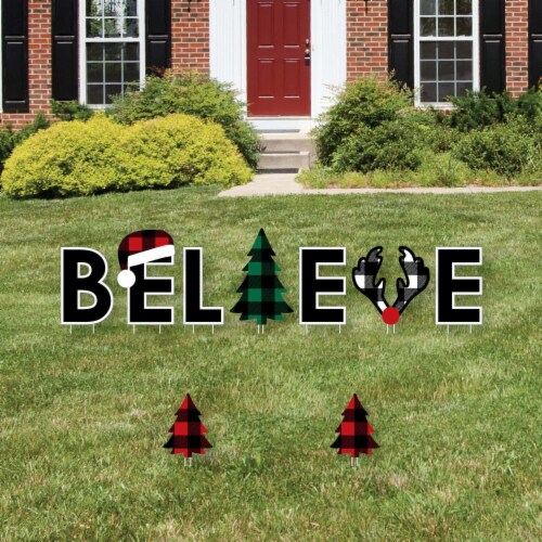 Big Dot of Happiness Holiday Plaid Trees - Outdoor Decor Christmas Party Yard Signs - Believe Perspective: front