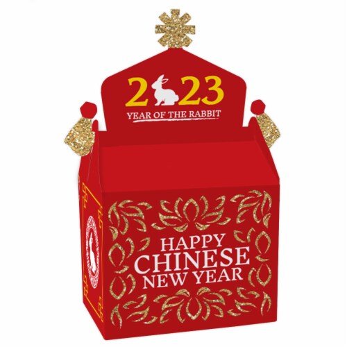 Big Dot of Happiness Chinese New Year Party Favors 2023 Year of The Rabbit Gable Boxes 12 Ct Perspective: front