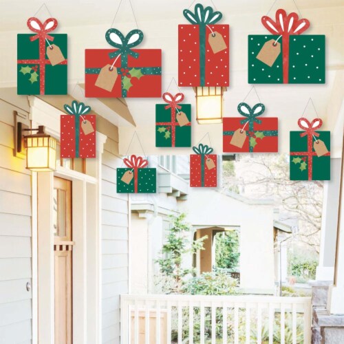 Big Dot of Happiness Hanging Holiday Presents - Outdoor Christmas Porch Tree Yard Decor 10 Pc Perspective: front