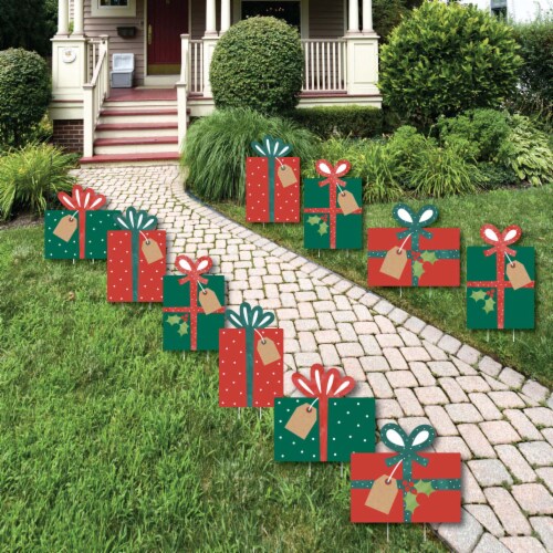 Big Dot of Happiness Happy Holiday Presents - Lawn Outdoor Christmas Party Yard Decor 10 Pc Perspective: front