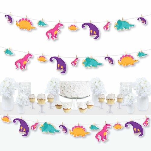 Big Dot of Happiness Roar Dinosaur Girl - Party DIY Decor Clothespin Garland Banner - 44 Pc Perspective: front