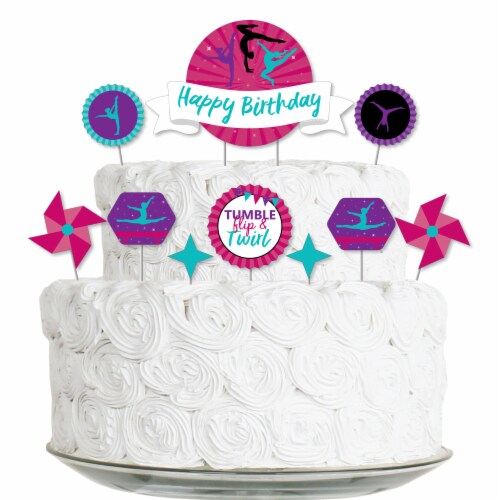 Big Dot of Happiness Tumble, Flip & Twirl Gymnastics Birthday Decor Kit Cake Topper Set 11 Pc Perspective: front