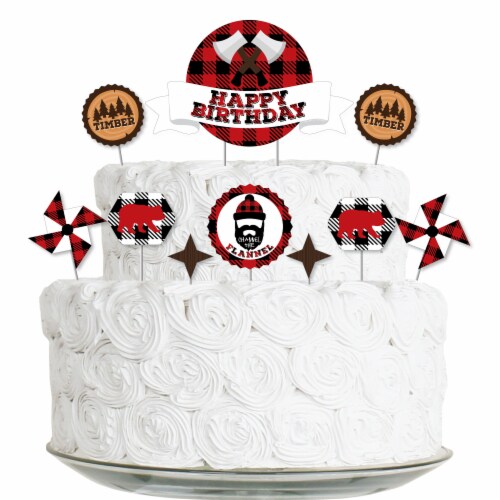 Big Dot of Happiness Lumberjack Channel The Flannel Birthday Decor Kit Cake Topper Set 11 Pc Perspective: front
