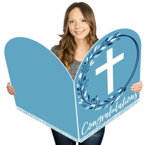 Big Dot of Happiness Blue Elegant Cross Congratulations Greeting Card Shaped Jumborific Card Perspective: front