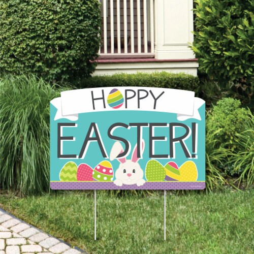 Big Dot of Happiness Hippity Hoppity Easter Bunny Party Yard Sign Lawn Decor Party Yardy Sign Perspective: front