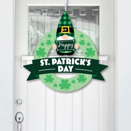 Big Dot of Happiness Irish Gnomes - Outdoor St. Patrick's Day Party Decor - Front Door Wreath Perspective: front