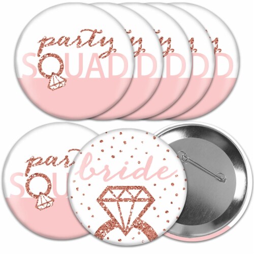 Big Dot of Happiness Bride Squad 3 in Rose Gold Bachelorette Party Badge Pinback Buttons 8 Ct Perspective: front