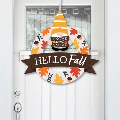 Big Dot of Happiness Fall Gnomes - Outdoor Autumn Harvest Party Decor - Front Door Wreath Perspective: front