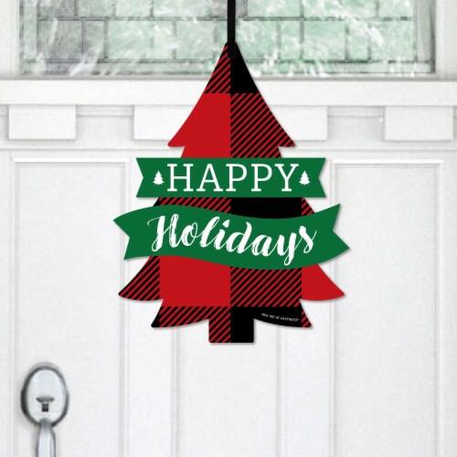 Big Dot of Happiness Holiday Plaid Trees Hanging Christmas Outdoor Front Door Decor 1 Pc Sign Perspective: front