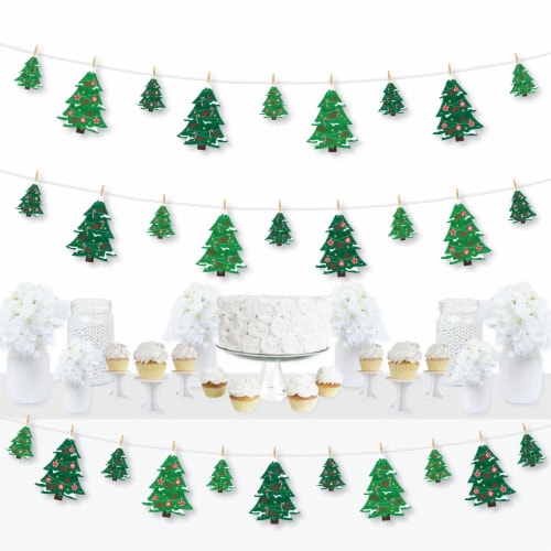 Big Dot of Happiness Snowy Christmas Trees Classic Holiday Clothespin Garland Banner 44 Pc Perspective: front