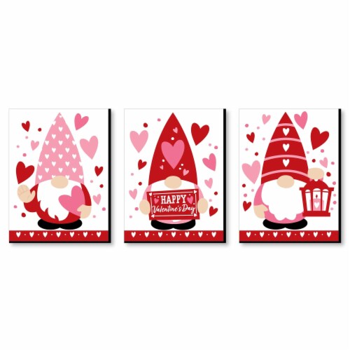 Big Dot of Happiness Valentine Gnomes -Valentine's Day Wall Art - 7.5 x 10 inches - Set of 3 Perspective: front