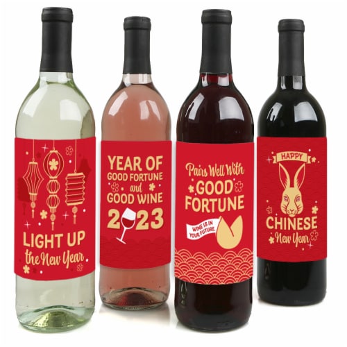 Big Dot of Happiness Chinese Lanterns 2023 Lunar New Year Rabbit Wine Label Stickers 4 Ct Perspective: front