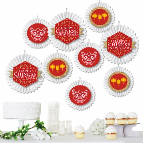 Big Dot of Happiness Chinese New Year - Hanging Decor Paper Fans 9 Ct Perspective: front