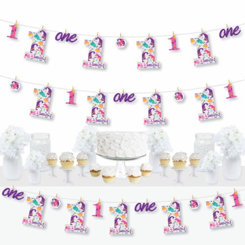 Big Dot of Happiness 1st Birthday Roar Dinosaur Girl Decor Clothespin Garland Banner 44 Pc Perspective: front