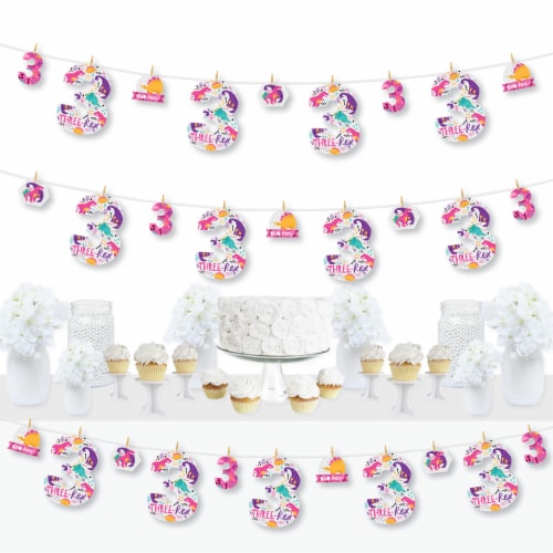 Big Dot of Happiness 3rd Birthday Roar Dinosaur Girl Party Clothespin Garland Banner 44 Pc Perspective: front
