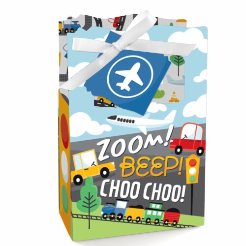 Big Dot of Happiness Cars, Trains & Airplanes Transportation Birthday Party Favor Boxes 12 Ct Perspective: front