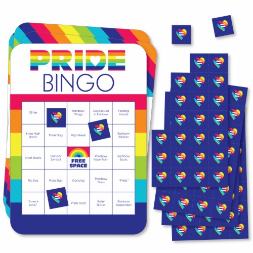 Big Dot of Happiness Love is Love LGBTQ Pride Bar Bingo Cards/Markers Shaped Bingo Game 18 Ct Perspective: front