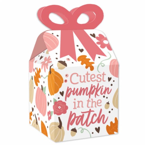 Big Dot of Happiness Girl Little Pumpkin Square Favor Birthday Baby Shower Bow Boxes 12 Ct Perspective: front