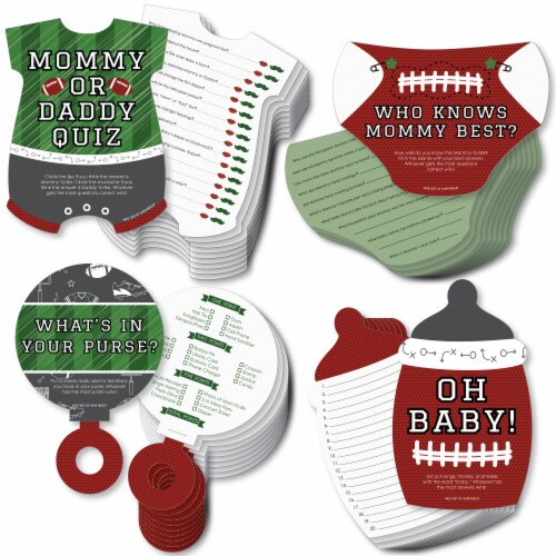 Big Dot of Happiness End Zone Football - 4 Baby Shower Games - 10 Cards Each Gamerific Bundle Perspective: front