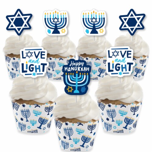 Big Dot of Happiness Hanukkah Menorah Holiday Party Cupcake Wrappers & Treat Picks Kit 24 Ct Perspective: front
