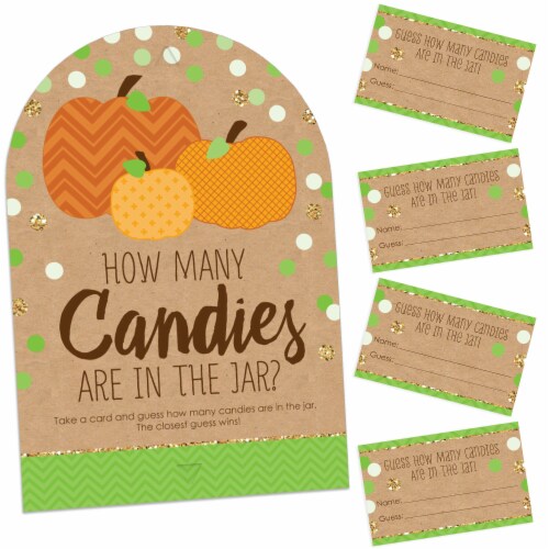 Big Dot of Happiness Pumpkin Patch Thanksgiving Party 1 Stand & 40 Cards Candy Guessing Game Perspective: front
