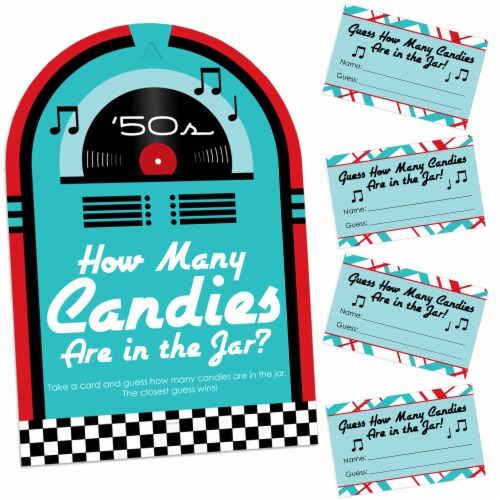 Big Dot of Happiness 50’s Sock Hop How Many Candies Rock N Roll Party Candy Guessing Game Perspective: front