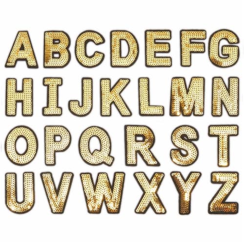 Gold Sequin Iron On Patches for Clothing, A-Z Alphabet Letters (78