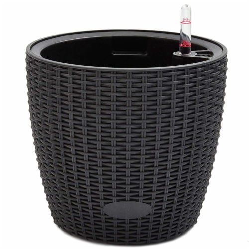 Pack Round Self Watering Pot Planter with Water Level Indicator, 8x8.5", Black Perspective: front