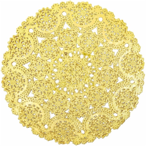 60 Pack Gold Paper Doilies 10 inch, Round Medallion Lace, Wedding Decorative Placemats Perspective: front