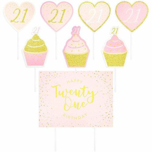 Happy 21st Birthday Yard Signs, Lawn Decorations in 3 Pink Designs (26 Pieces) Perspective: front