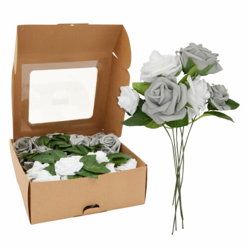 Artificial Fake Flower Head Foam Roses with Stems and Leaf Bundle for