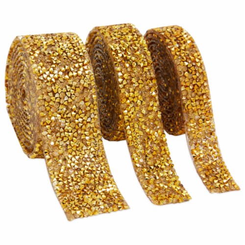 Gold Rhinestone Ribbon for Crafts, 3 Rolls Self Adhesive Crystal