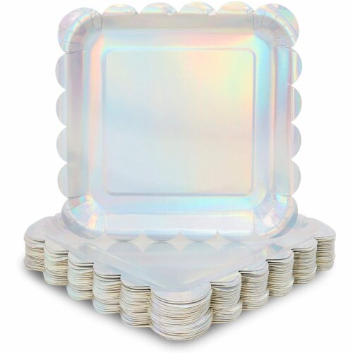 Holographic Silver Foil Square Paper Plates Scalloped Edge 9 In