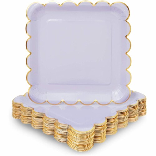 Pastel Purple Square Paper Plates Gold Foil Scalloped Edge 9 In