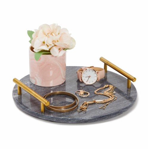 Round Black Marble Tray with Gold Handles, Modern Home Decor (10.5 x 0.
